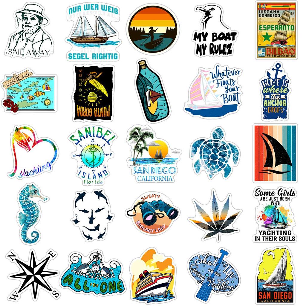 50pcs Fishing Stickers Saltwater Lure Sailing Boat Decals Waterproof Vinyl For Tackle Box Cooler Luggage Angler Gift