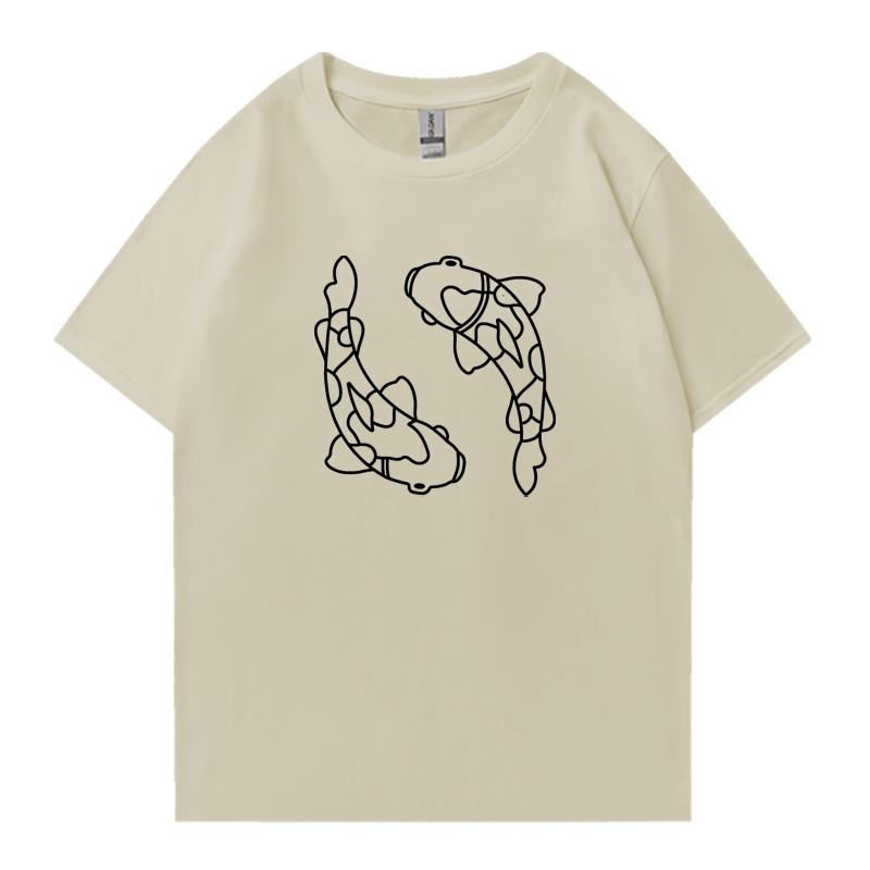 Summer 2026 Minimal Koi Carp Print Oversized Tshirt 100 Cotton Unisex Women Short Sleeve Tee Shirt Unisex Casual Popular Clothing