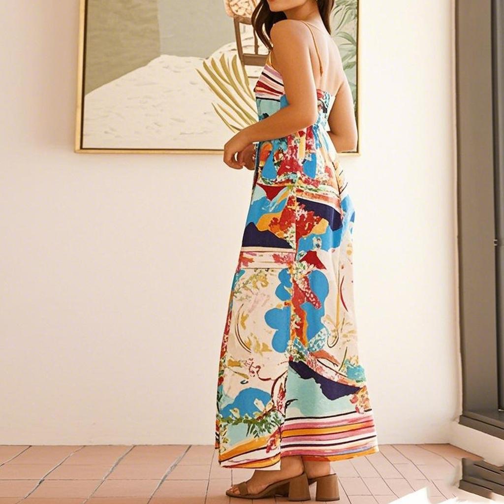 Women's Floral Print Elastic Back Strap Dress Vacation Style Sleeveless Maxi Dress with Pockets Lightweight Summer Dress for Casual Wear