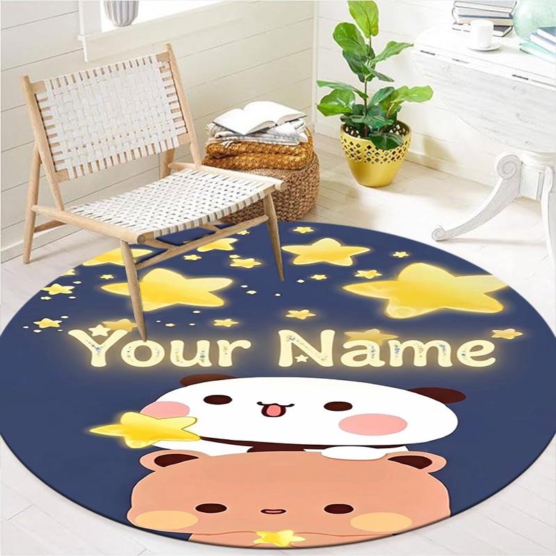Bear Panda Night Custom Name Round Area Rug Carpet Rug For Living Room Bedroom Sofa Playroom Decor Nonslip Floor Mat