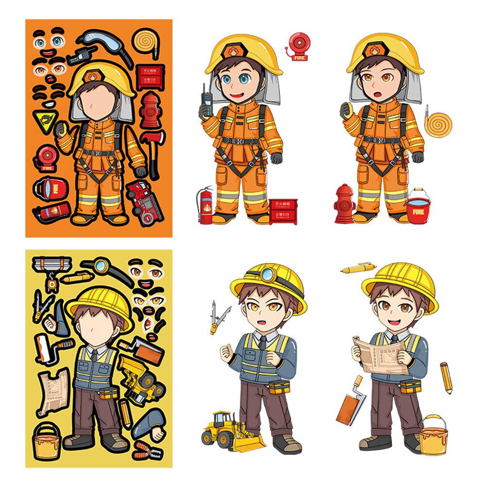8/16sheets Firefighter Doctor Professional Puzzle Stickers Make a Face DIY Cartoon Assemble Jigsaw Educational Toy Decals Decor