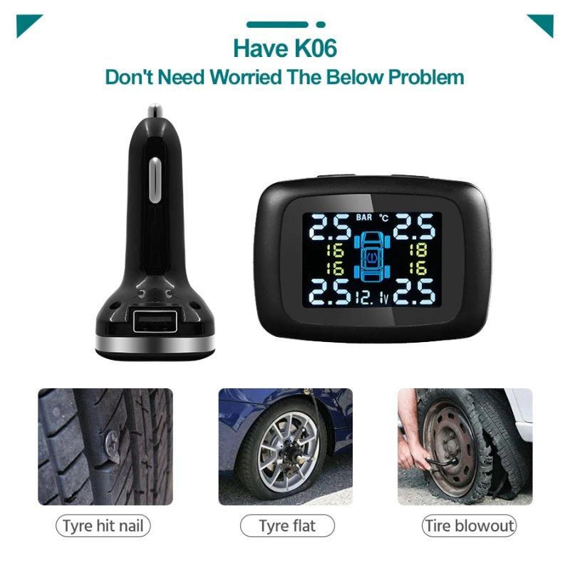 Bildekktrykkovervåkingssystem, med 4 sensorer Smart Device, Display, Temperaturalarm, Sigarettenner, USB, TPMS