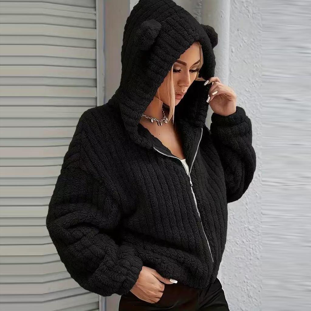 Damenmode Einfarbiger Cardigan mit Reißverschluss und Kapuzen-Fleecejacke mit Katzenohren