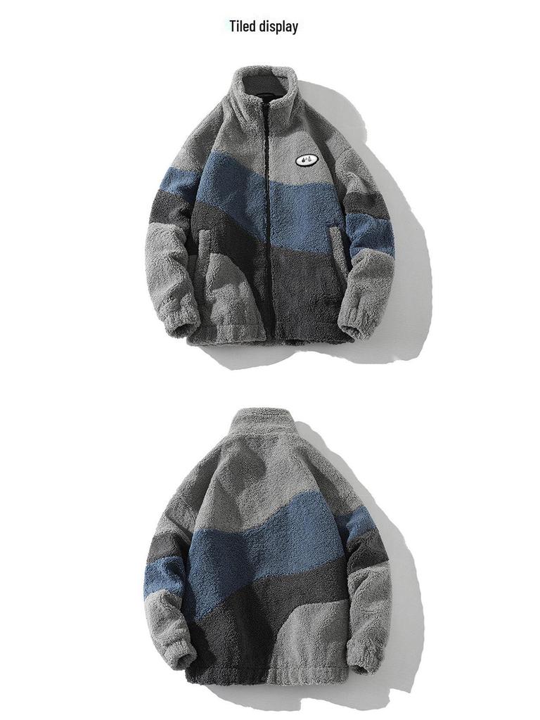 Men's Lambskin Color-Blocked Stand Collar Jacket: Trendy Autumn/Winter Fashion