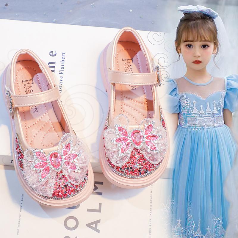 

Детская кожаная обувь шнурки банты блестки пайетки детская обувь на плоской подошве круглый носок 2025 новая мода туфли принцессы для девочек застежка-липучка 24 розовый