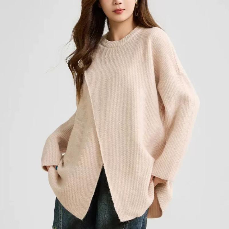 

Модный винтажный свободный вязаный свитер с нерегулярными разрезами для женщин, зимний повседневный пуловер с длинным рукавом, женские свитера, топы, куртка, круглый вырез, трикотаж 25253 One Size