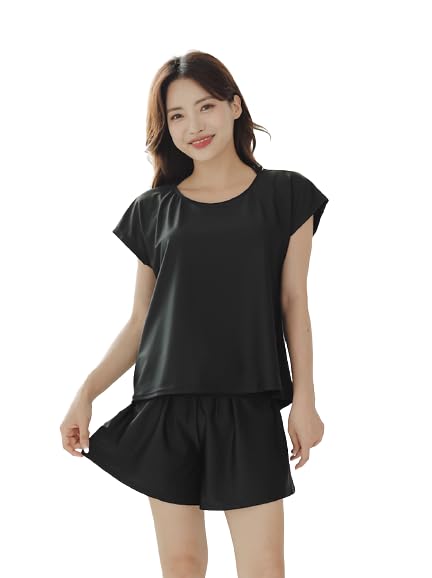 

танкини со встроенным внутренним УФ-защитным слоем [growncharm] Женский купальник, футболка с подкладками, закрывающая тело, шорты, [защита UPF50+], [набор из 2 предметов] [SWSB03] (3л, чёрный