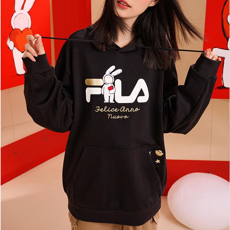Fila CNY Fuzi Rabbit Co-Branded Series Logo Letter Pattern Print Loose Casual Knit Hoodie Unisex Tops Black F11U319205F-BK