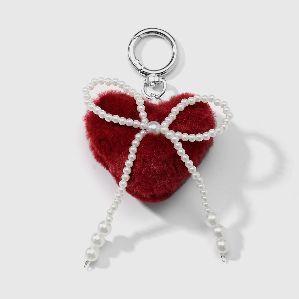 Simple Versatile Plush Heart Faux Pearl Bow Keychain Bag Charm