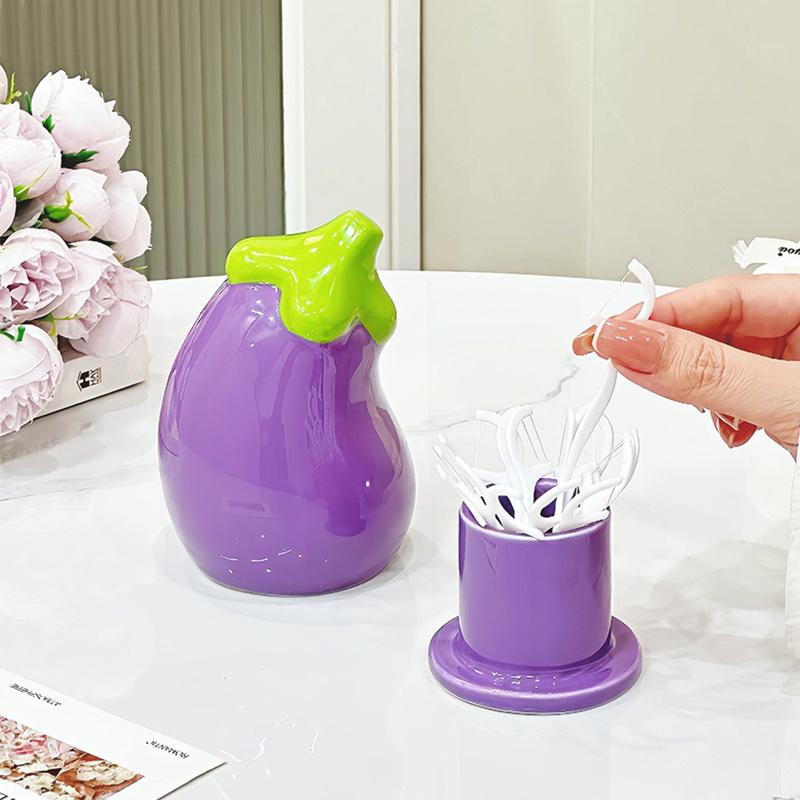 Cute Eggplant Toothpick Holder Ceramic Floss Box Desktop Decoration