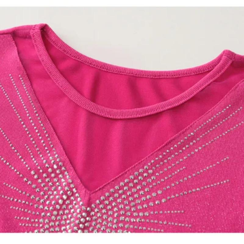 Summer New Women's Flare Sleeve T-shirt O-Neck Luxury Diamonds Tops High Quality Girl Shiny Mesh Tees