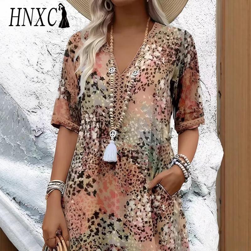 HNXC Dámská móda léto jaro ležérní šaty s krátkým rukávem a výstřihem do V