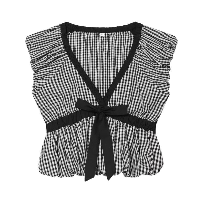 Summer new French plaid sleeveless shirt, women s V-neck bow tie design top S
