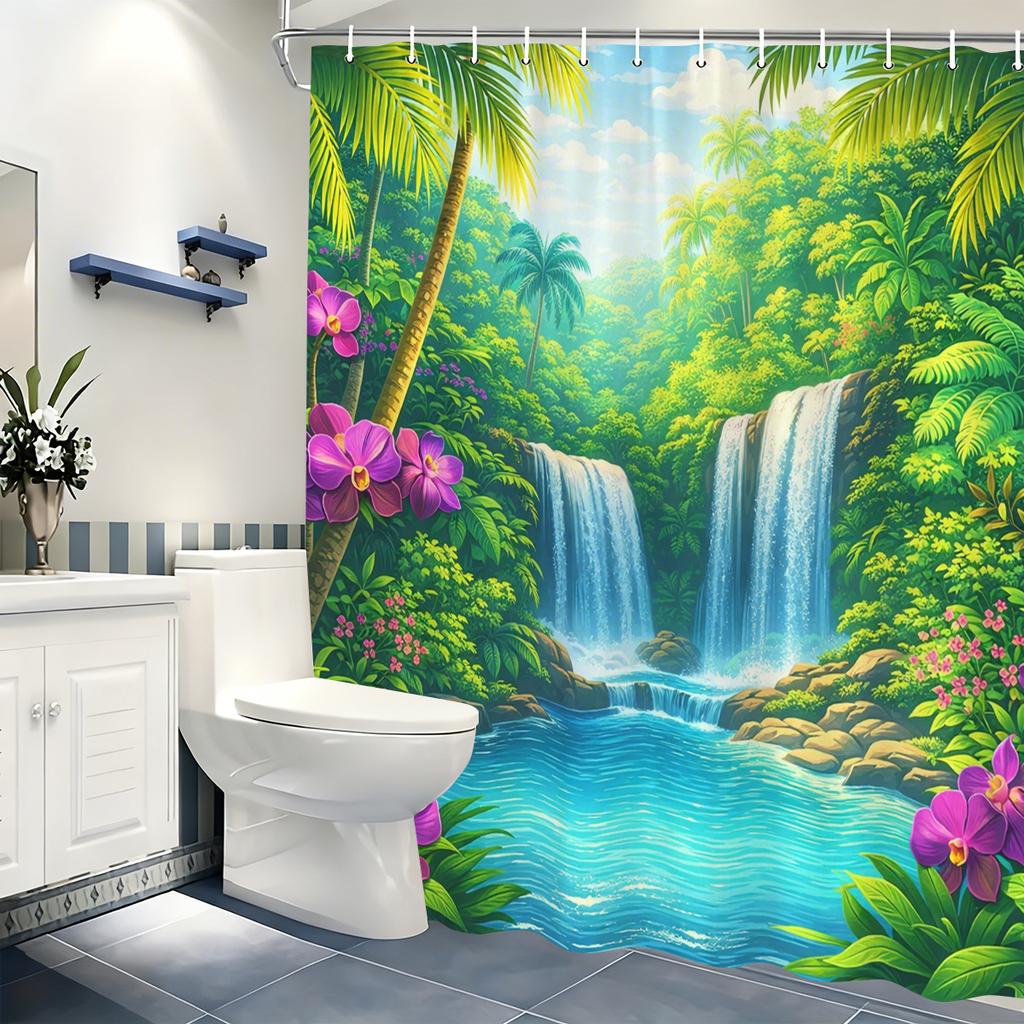 Nature Scenery Printed Polyester Shower Curtain - Tropical & Forest Landscape Bathroom Decor, Stylish Bathtub Partition Curtain