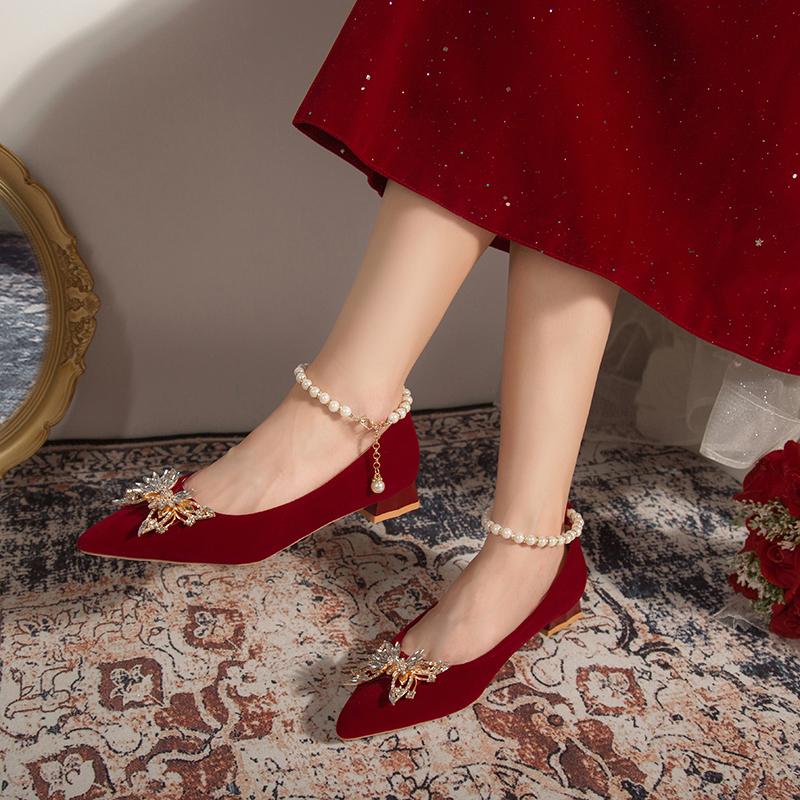 Fashion Women's Coarse Heel Shoes Autumn New Pointed Head Shallow Mouth Suede Butterfly Diamond-resistant Low Top Shoes