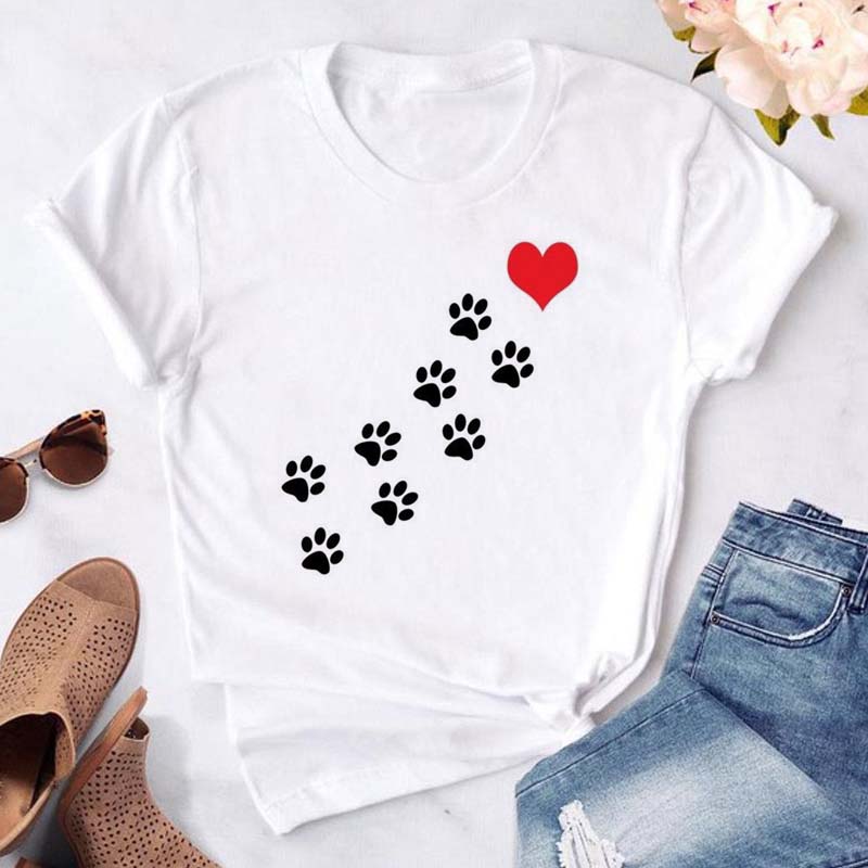 Women Dogs Paws Love Heart Printed T-shirts Fashion Summer Short Sleeve Lady Womens Clothes Tops T-Shirt Black Shirt Tees Female