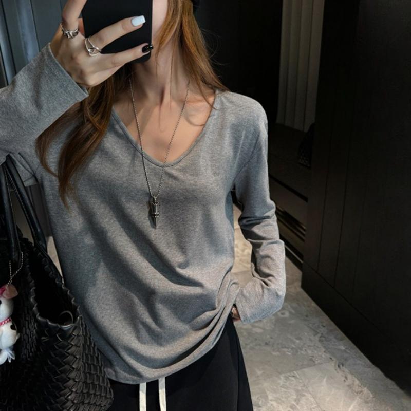 

Ленивый Стиль Серый V-образный вырез Оверсайз Футболка с длинным рукавом Женская Повседневная Универсальная Осенне-зимний Слой Минималистичный Базовый Слой Топ XL серый