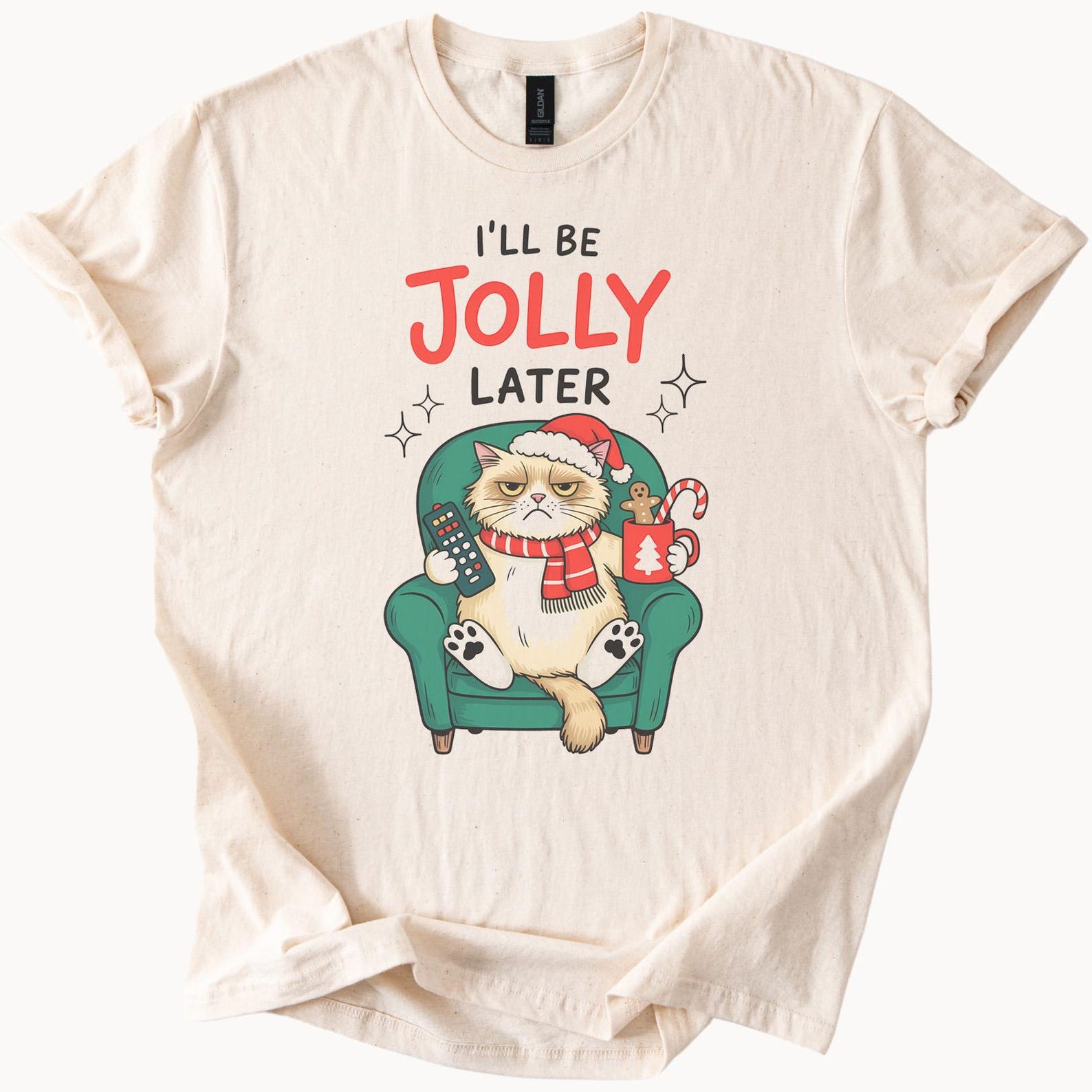 Christmas Cat Shirt Grumpy Holiday Cat in Santa Hat Text Graphic Funny Lazy Cat on Chair Christmas Movie Lover Tee Gift Idea 140