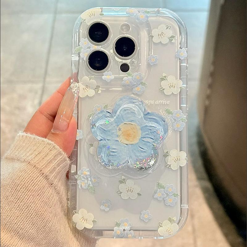 Cute Quicksand Flower Holder Phone Case For iPhone 16 15 14 13 12 11 Pro Max Plus Stand Floral Clear Soft Shockproof Cover