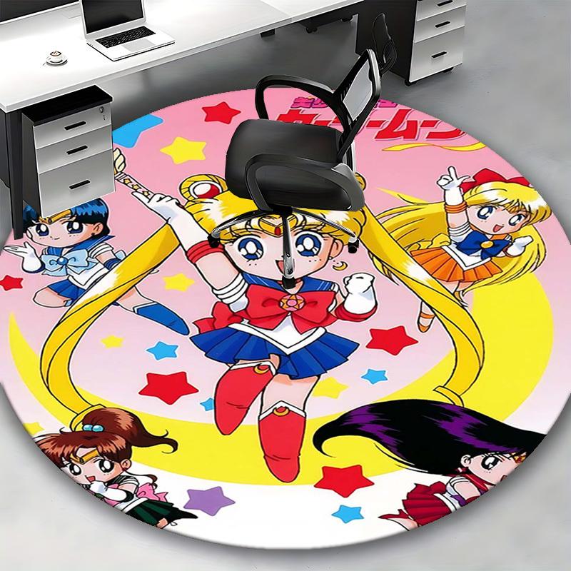 1pc Sailor Moon Anime Cartoon Design Round Carpet for Office Chair Mat, NonSlip Rug Suitable for Home Decor, Living Room, Bedroom