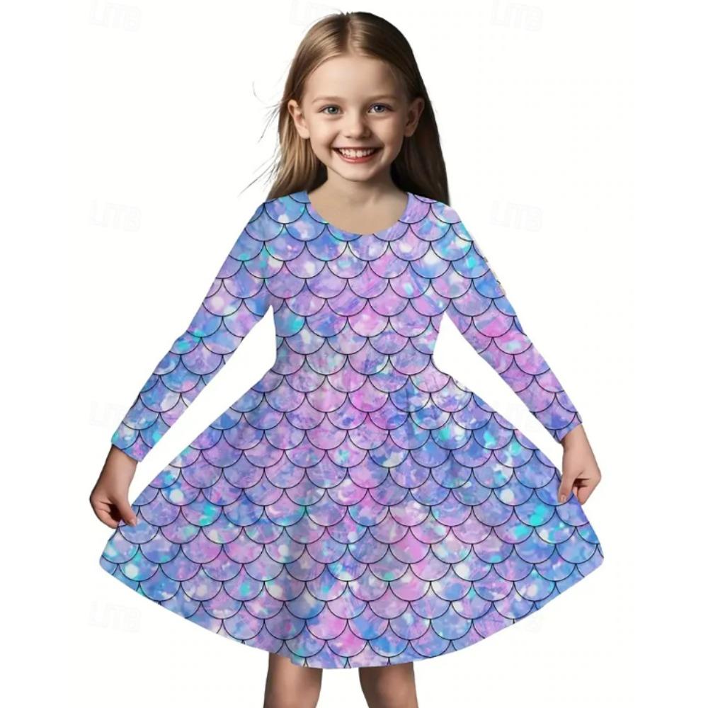 Girl Casual 3D Fish Scale Print Round Neck Long Sleeve Dress Kid Princess Dress 80