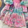 Summer Spring Women Lantern Sleeve Stand Collar Print Mini Short Beach Vacation Lace-up Dresses