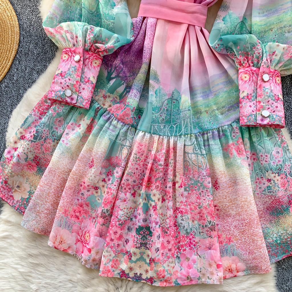 Summer Spring Women Lantern Sleeve Stand Collar Print Mini Short Beach Vacation Lace-up Dresses