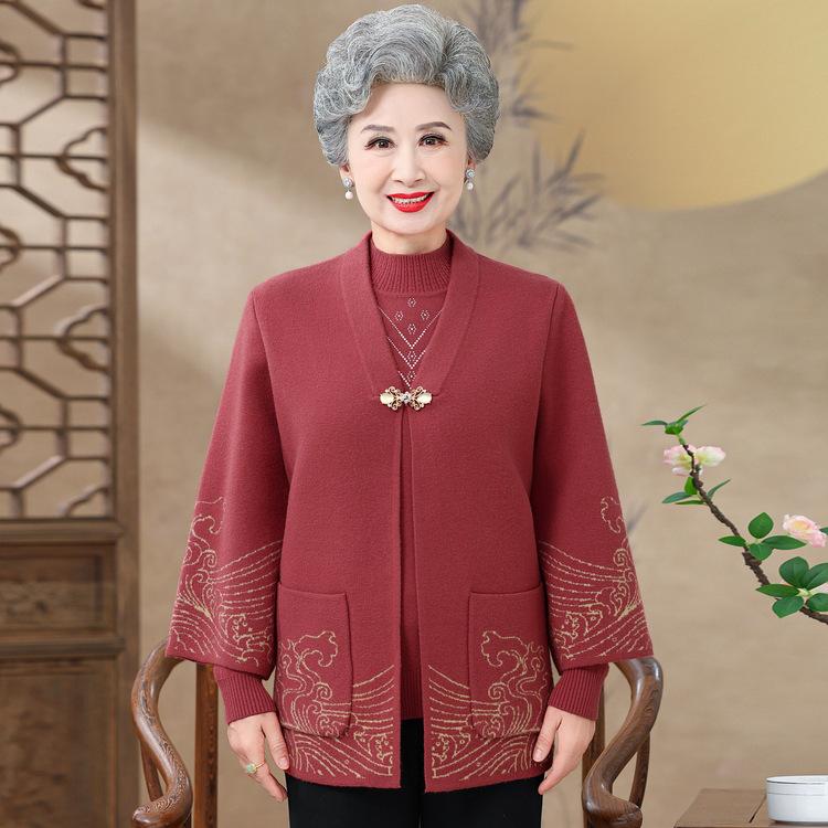 Mom's New Style Top Suit for Spring, Autumn and Winter 40 Years Old 60 Middle-aged and Elderly Women Knitted Sweater Cardigan Jacket Two-piece Set
