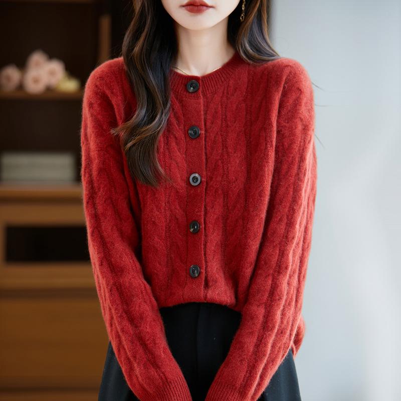Women's Thickened Pure Wool Cardigan - Versatile Round Neck Cable Knit Sweater Jacket