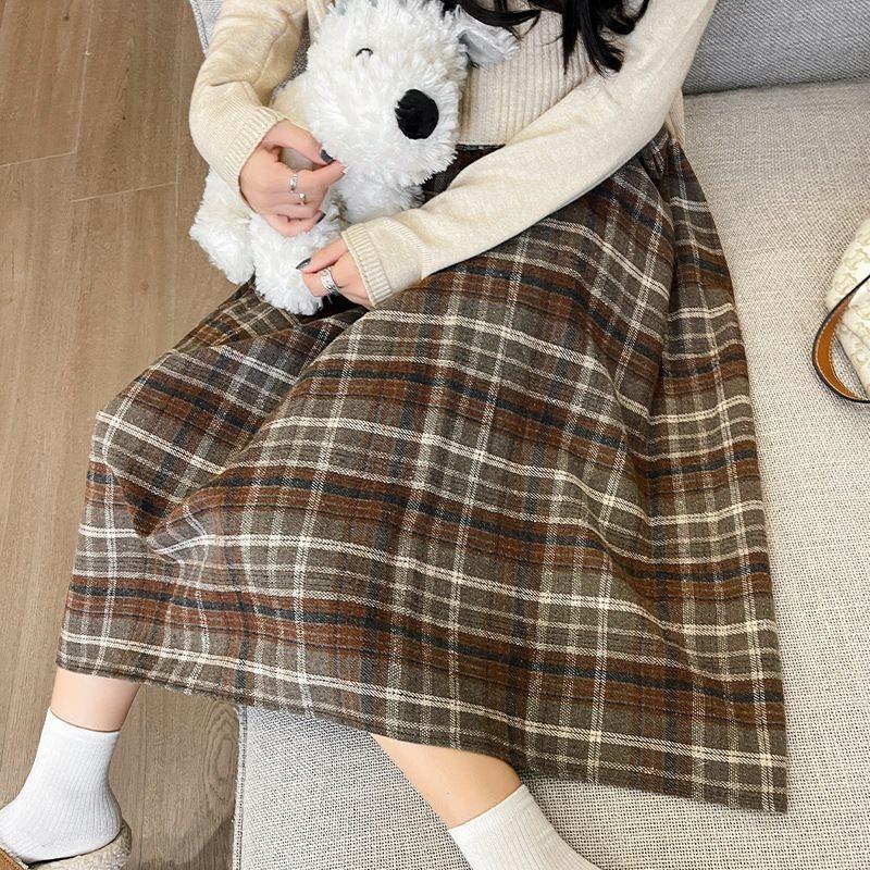 Midi Skirt for Women In Autumn and Winter, Midi-length, Maillard-style, Khaki Pleated Skirt, Retro and Versatile Plus-size Long Skirt