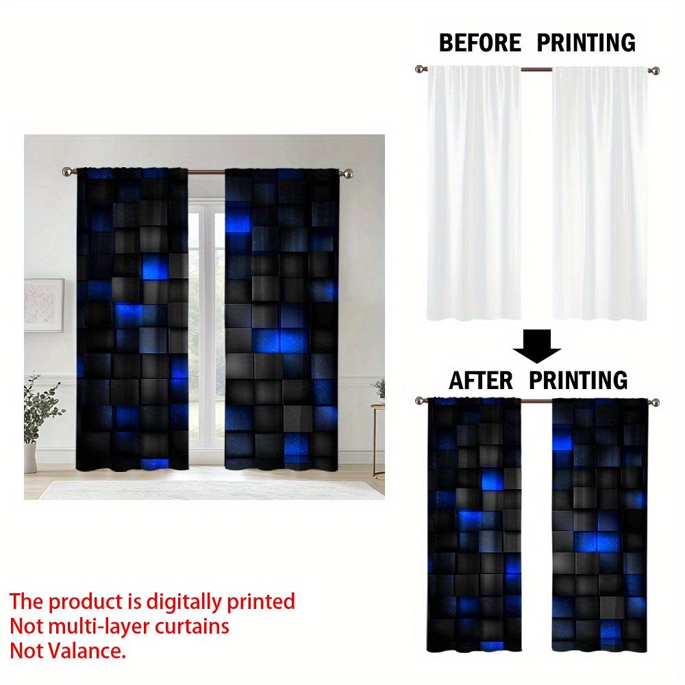 Blue Cube Door Curtains 2pcs   Lit Dark Cube Print Semi-Sheer Polyester Rod Pocket for Bedroom Living Office All-Season Decor