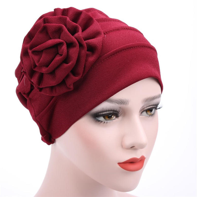 Muslim Fashion Solid Color Women Hijab Turban Beanie Hat Wth Flower Chemo Headwear Elastic Head Wrap Cap