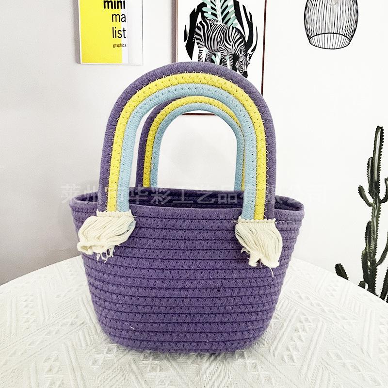 

Rainbow cotton thread bag, hand-held straw cotton rope, handmade basket, seaside messenger holiday, beach bag versatile фиолетовый