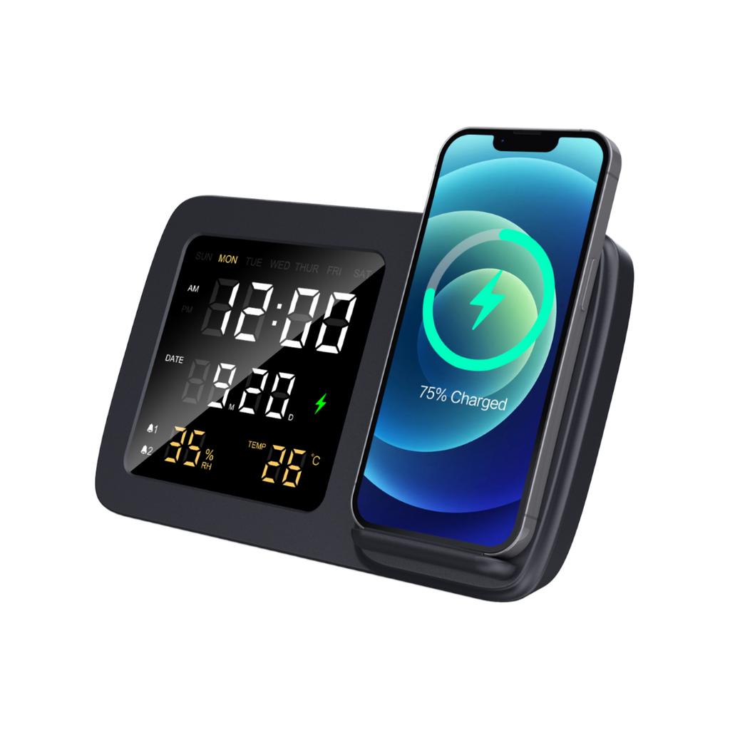 Foldable Desk Dual 15W Wireless Charger Mobile Phone Stand with LED Light Digital Alarm Clock Calendar Temperature Snooze Mode