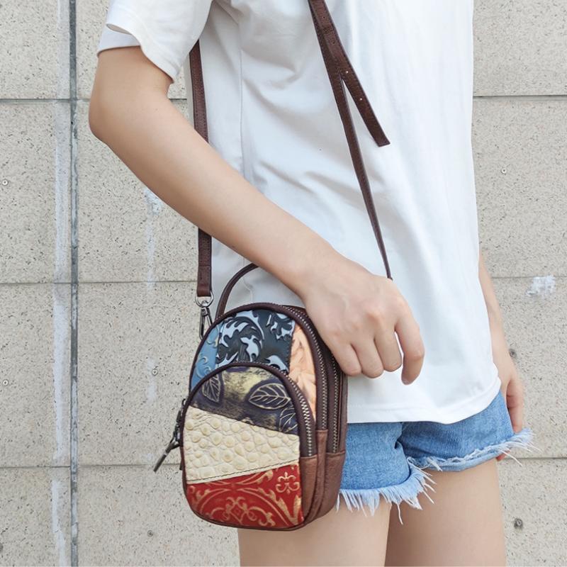 Johnature Vintage Pravá kůže Malé crossbody kabelky pro ženy Náhodné barevné prošívání Všestranné Měkké Hovězí kůže Tašky přes rameno