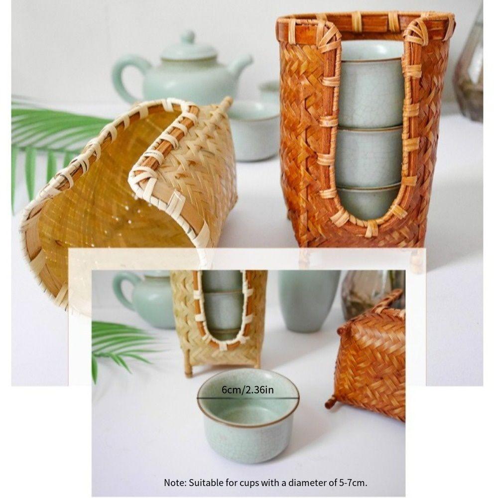 Bamboo Woven Tea Cup Storage Basket Handmade Paper Cup Dispenser Cup Holder Rack  Countertop