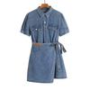 2026 Summer Slimming Short Sleeve Mid-Length Denim Dress: Stylish Cinched Waist Women's Fashion.