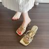 Fashion Rhinestone Flower Women's Slippers Summer New Luxury Fashion Elegant Square Toe Thin High Heels Sandals Women's Shoes Zapatos