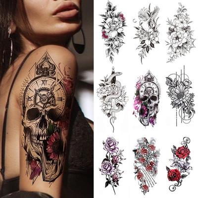 1 PC 210*114MM Geçici Dövme Tribal Kaplan Sahte Kurt Pusula Hayvanlar Dövmeler Aslan Kafatası Taç Siyah Vücut Sanatı Dövmeler Etiket Kadınlar ve Erkekler için