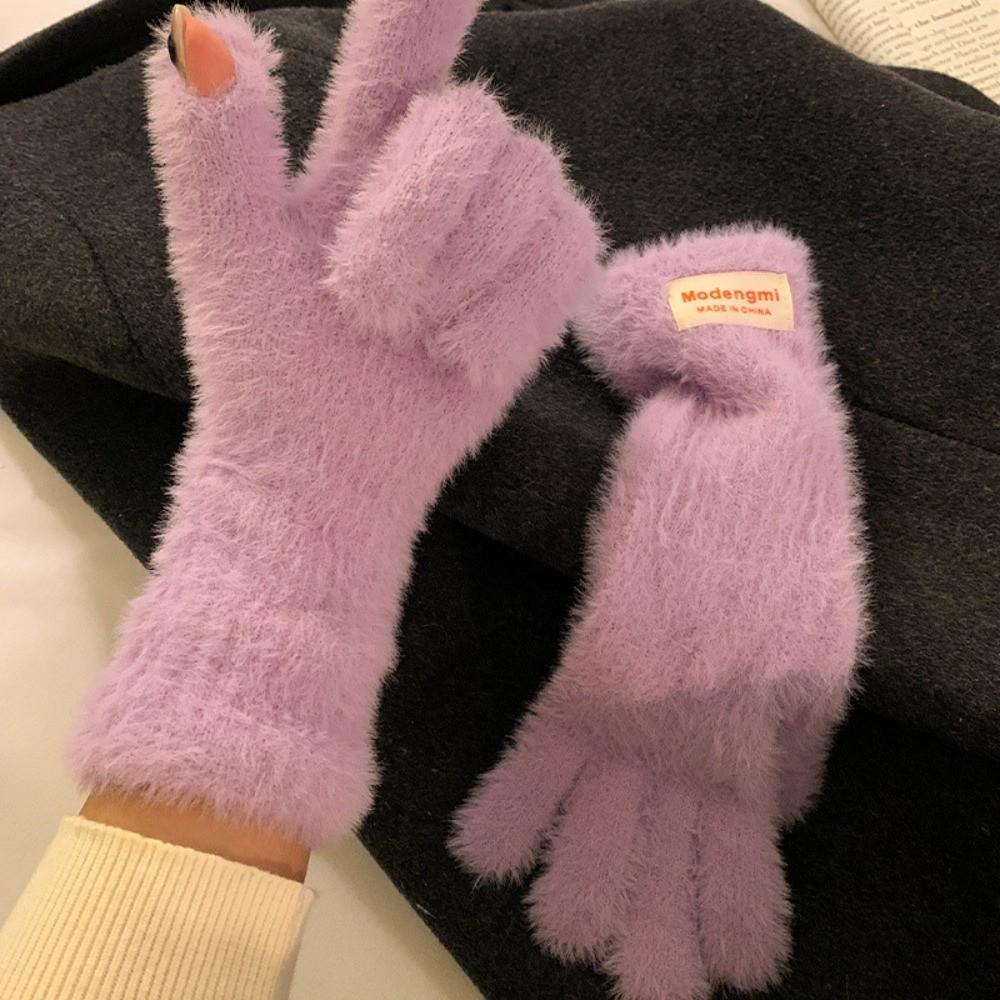 Korean Warm Winter Gloves Mink Fleece Soft Thick Knitted Gloves Velvet Mittens Winter Accessories фиолетовый