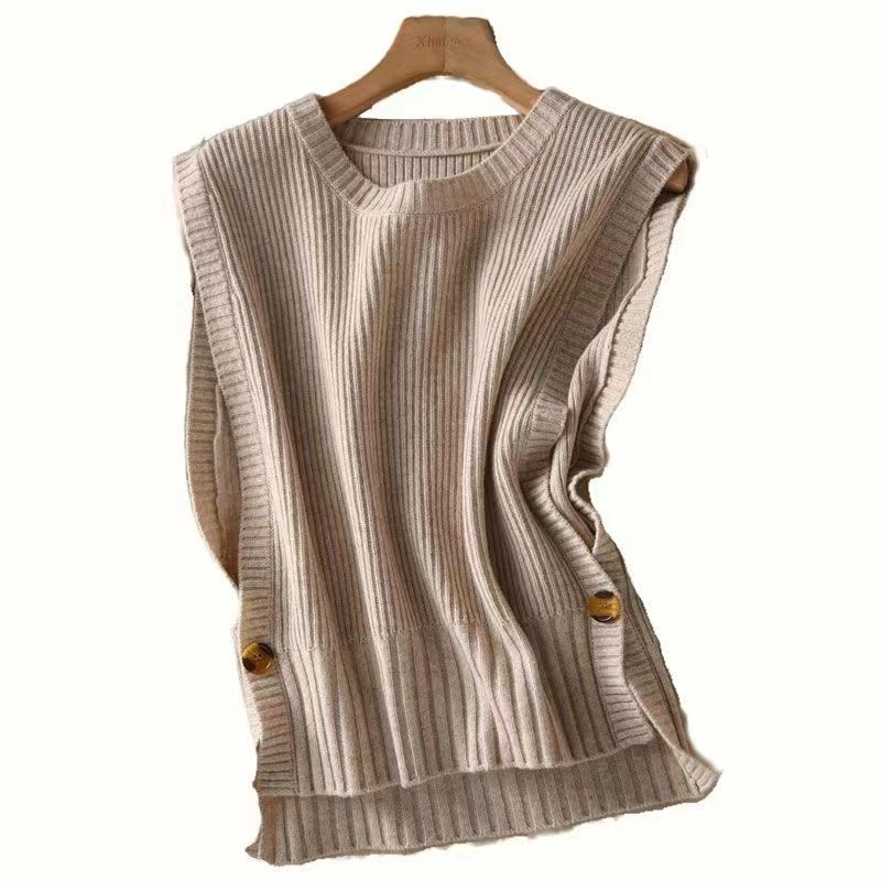 Women's Round Neck Pullover Knitted Vest Loose Casual Outerwear Sleeveless Cardigan Vest Outer Wear Lazy Style Top
