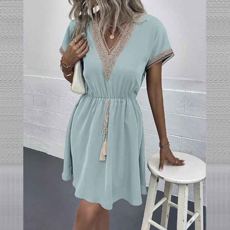 Spring V-Neck Smocked Dress - Lace Trim Short Sleeve Solid