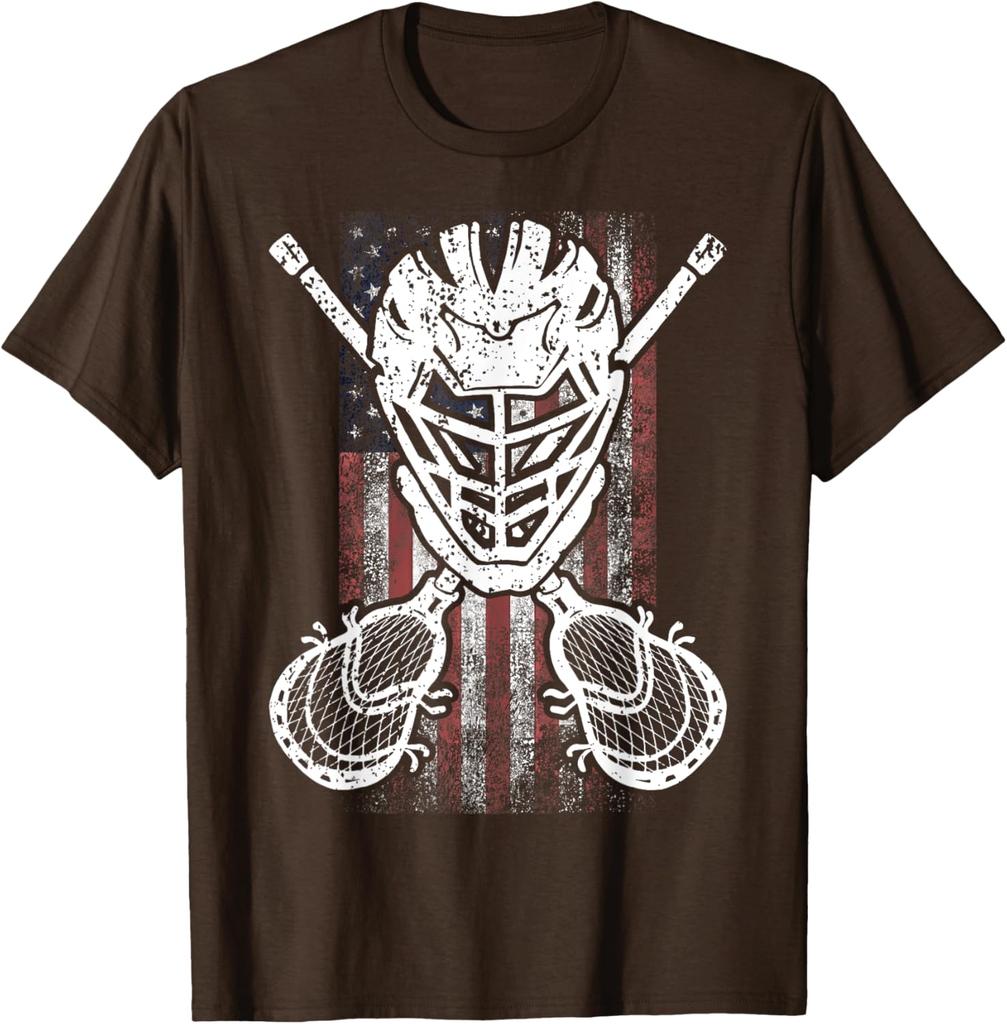 Lacrosse Goalie American Flag Graphic Tee Distressed Design Casual Cotton TShirt
