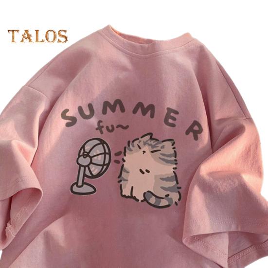 Damen T-Shirt mit Rundhalsausschnitt, kurzärmelig, Cartoon-Katzen-Muster, lockere Passform, Freizeit, Party, Pullover, Tops