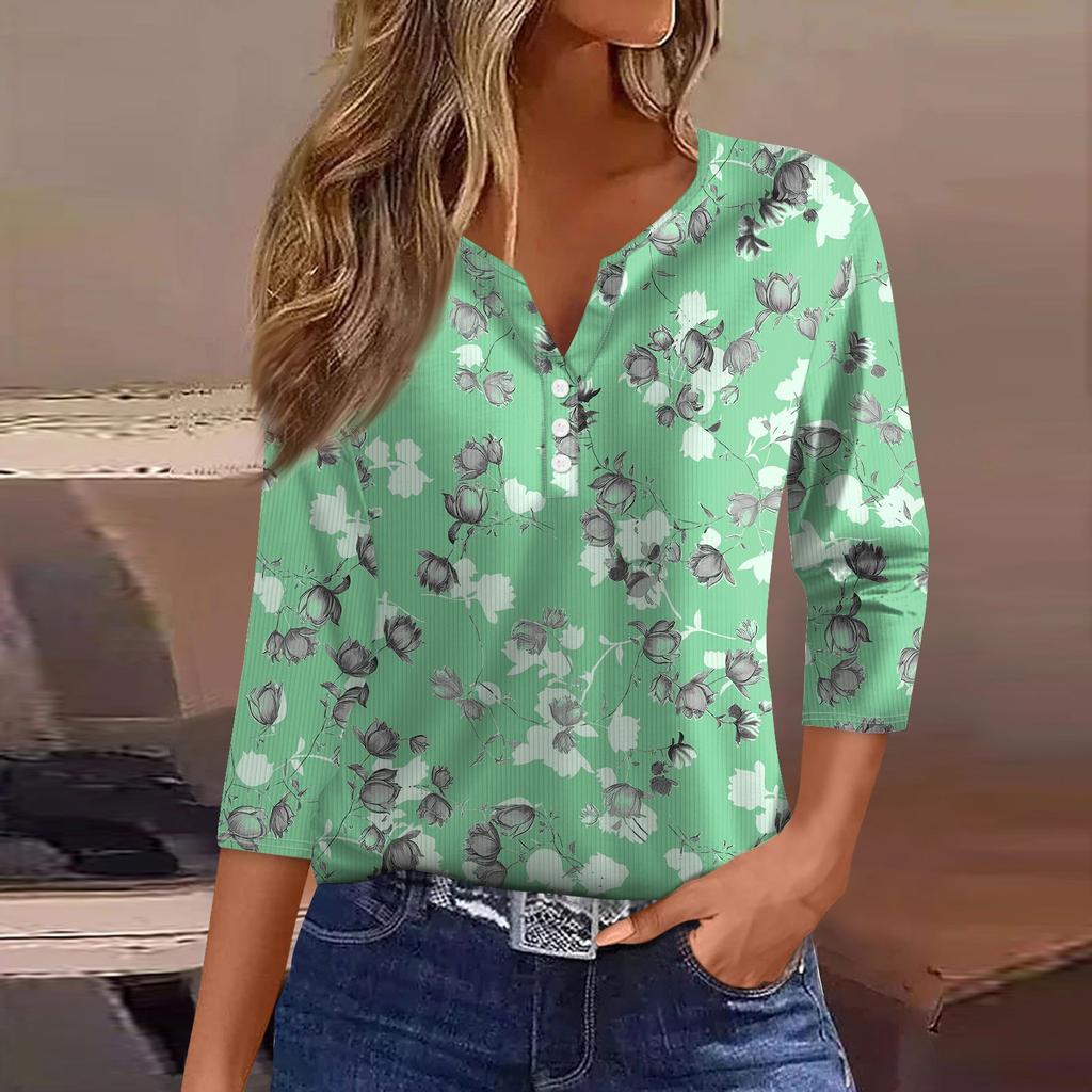 Women's T Shirt Tee Print Button 3/4 Sleeve Tunic Daily Weekend Fashion Basic V- Neck Regular Top