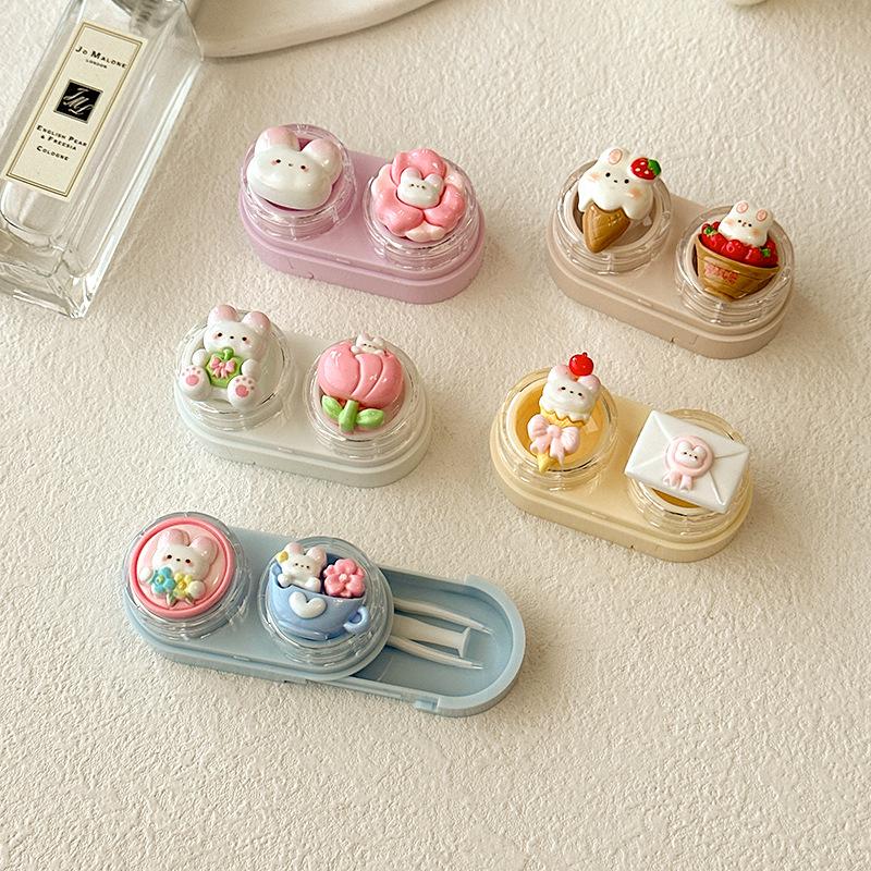 Cartoon Katze Kontaktlinsenetui Tragbare Mini Kontaktlinsenbox mit Pinzette Saugstab Set Reise Linsenaufbewahrung für Frauen Mädchen