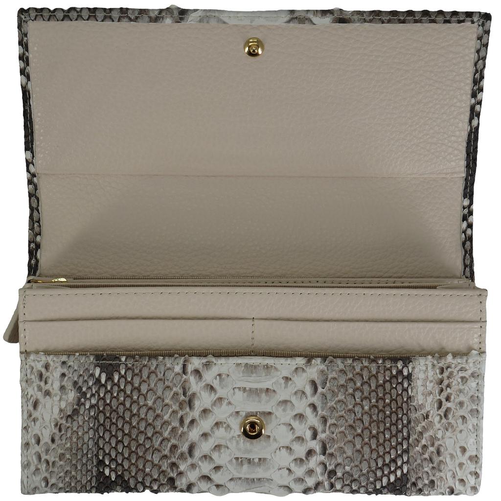 Natürliches, echtes Schlangenleder-Langportemonnaie für Damen und Herren, aus einem Stück echtem Leder gefertigt. Zu den Merkmalen gehören ein zweifach gefaltetes Design, eine Klappe