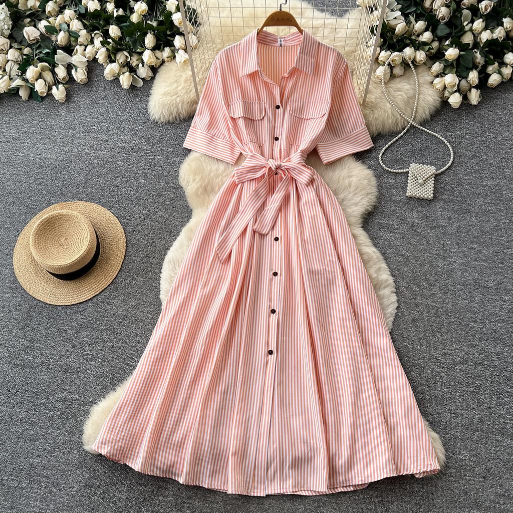 Commuter style short-sleeved A-shaped dress for women's summer light and mature style pink waist and thin elegant niche long skirt