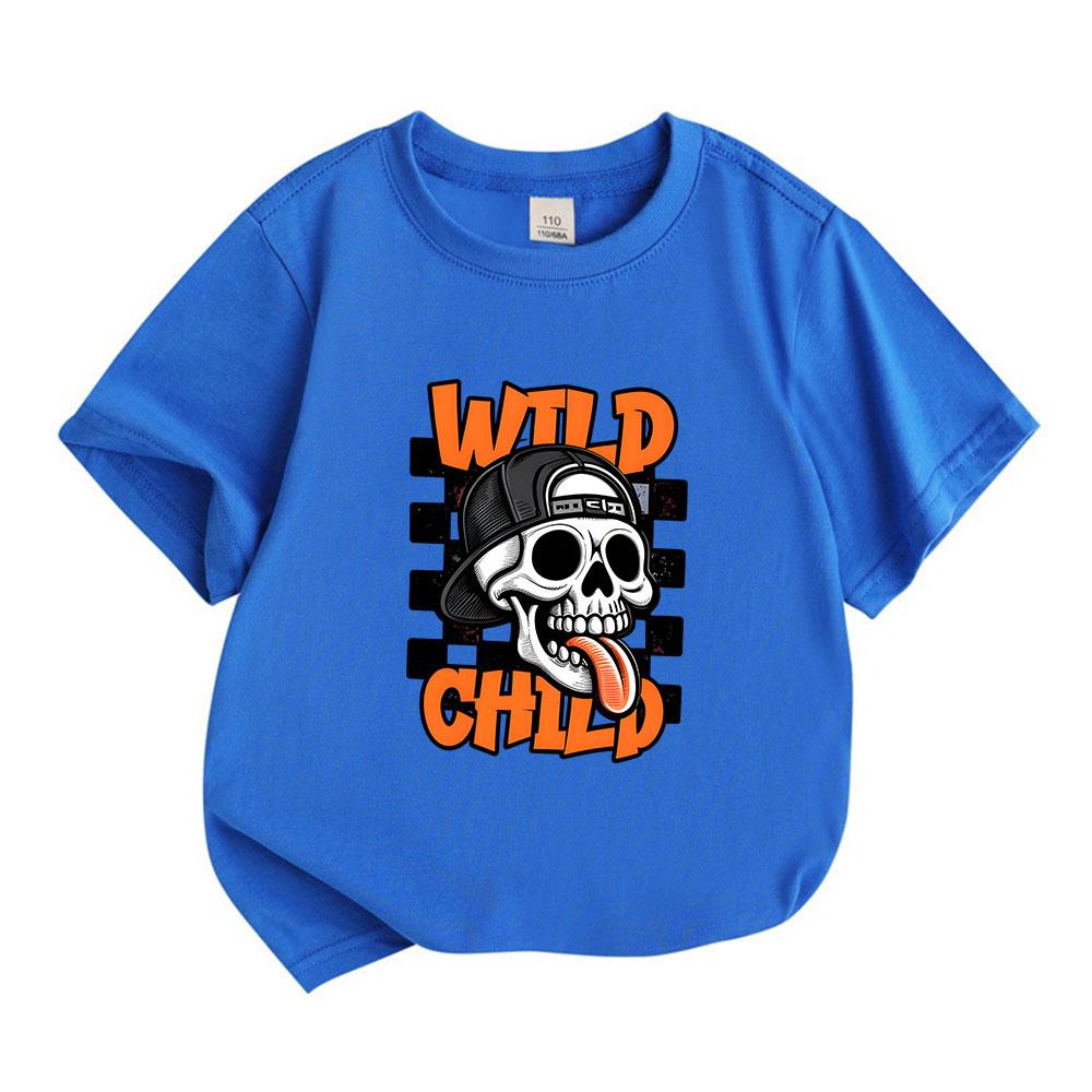 Kids Boys Girls 100% Cotton Crew Neck Short Sleeve T-Shirt, Cool Wild Child Skull Pattern Casual Breathable Tee, Fashion Streetwear Top for Daily Play