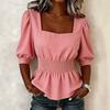 Women Puff Sleeve Smocked Waist Square Neck Blouse Ruffle Hem Solid Color Shirt Casual Top for Daily Wear